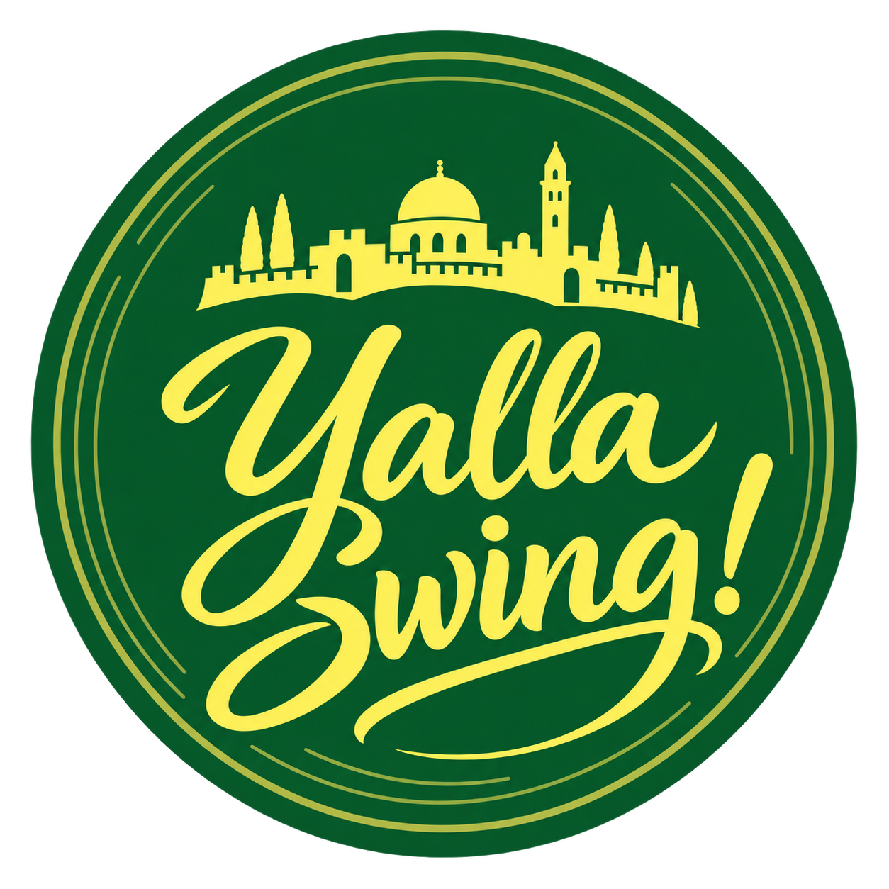 Yalla Swing! — לוגו תקליט ירוק עם קו הרקיע של ירושלים